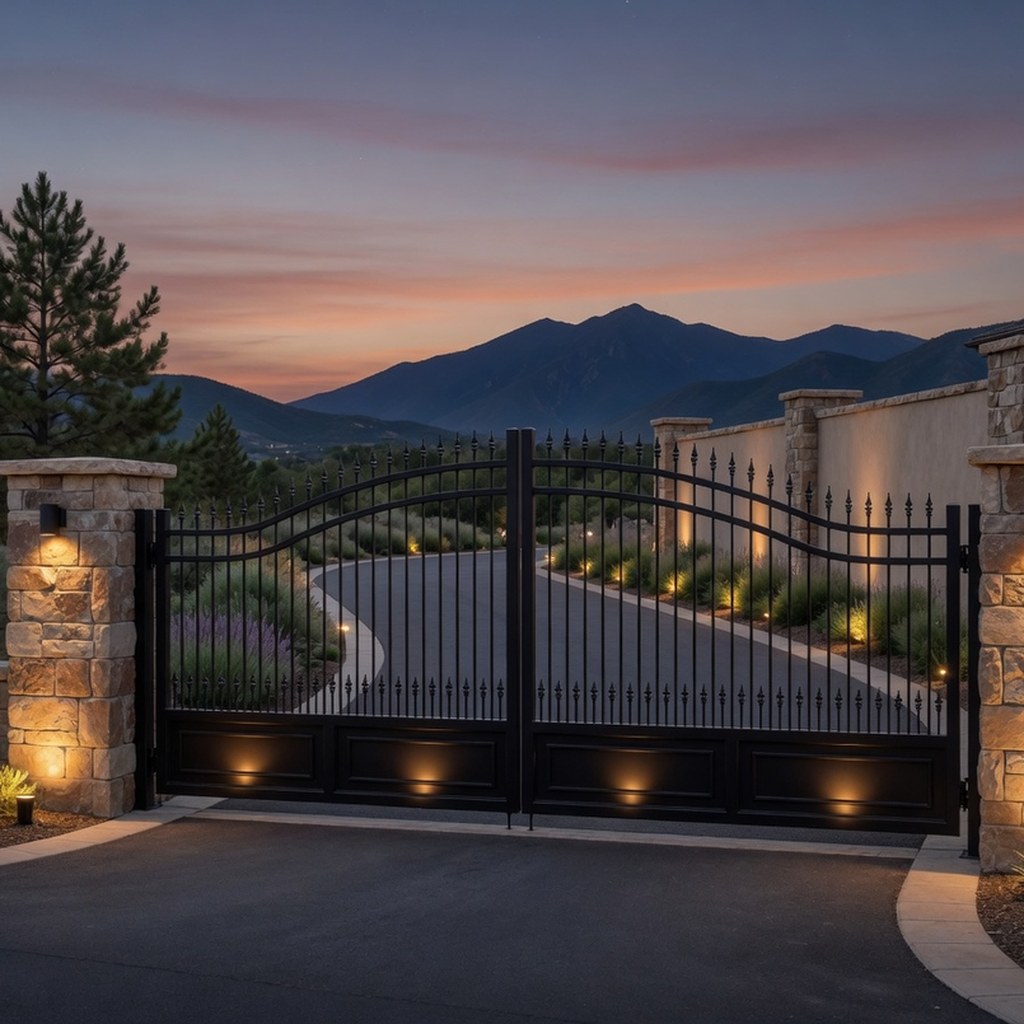 Luxury driveway gate at dusk with Utah mountain views